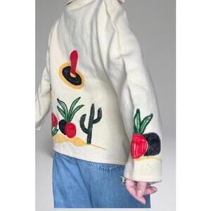 Cream Wool Jacket with Colorful Southwest-Inspired Embroidery size L